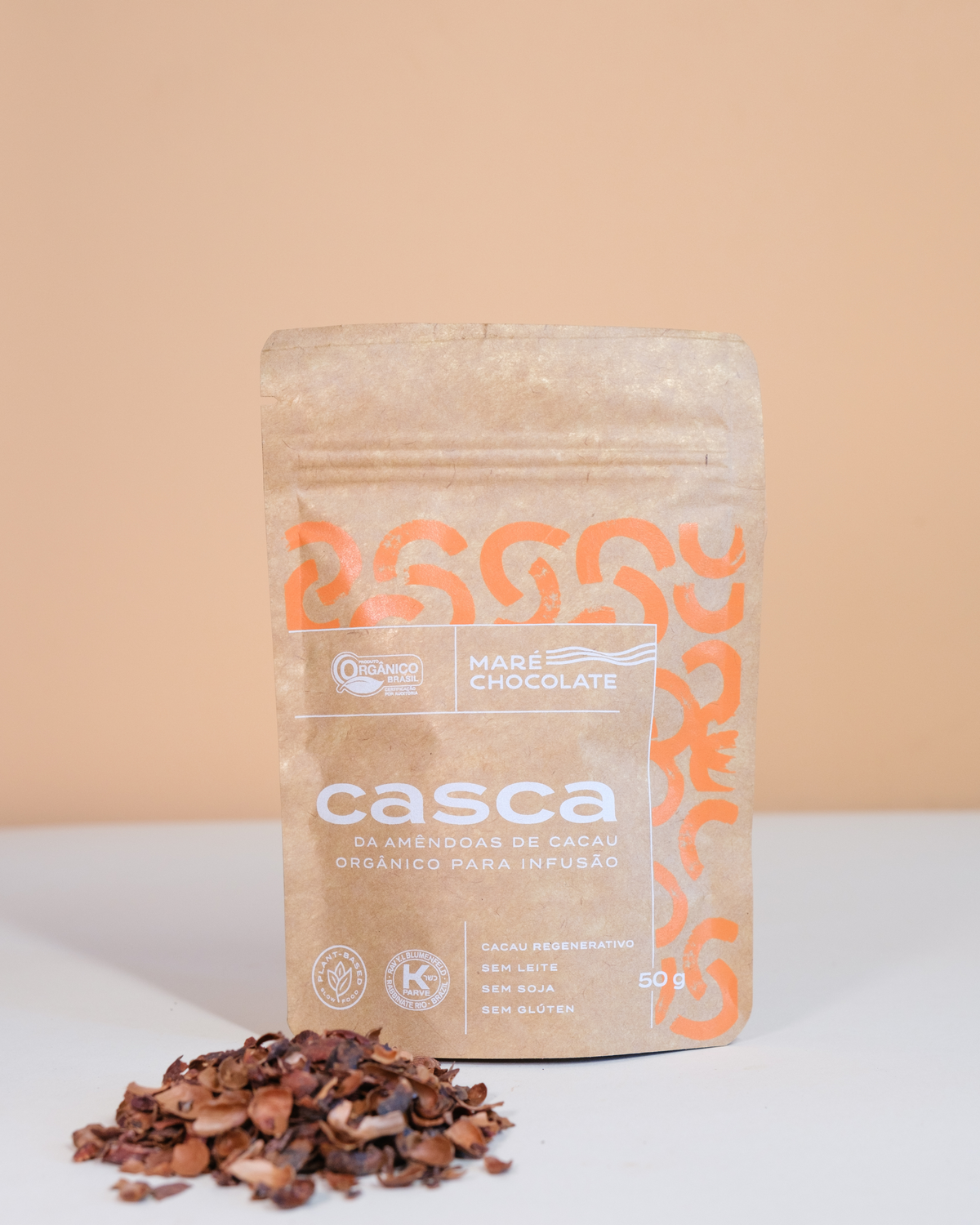 Pacote de casca de amêndoa de cacau orgânica para infusão Maré, 50g