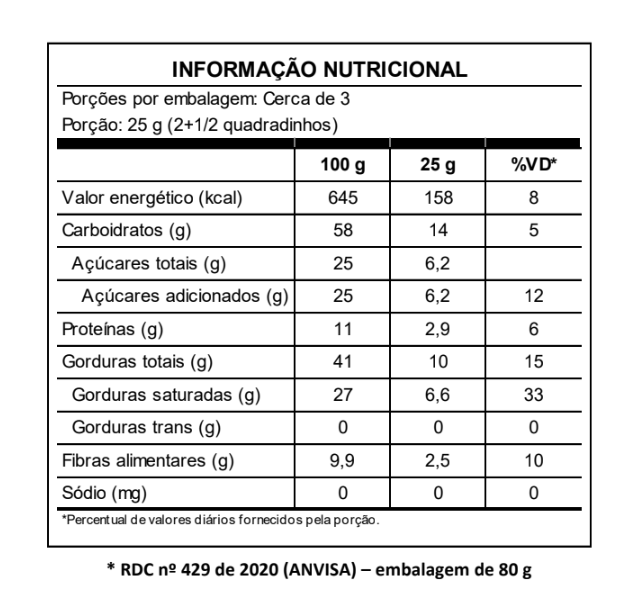 tabela nutricional chocolate 75% puro cacau Maré Chocolate 80