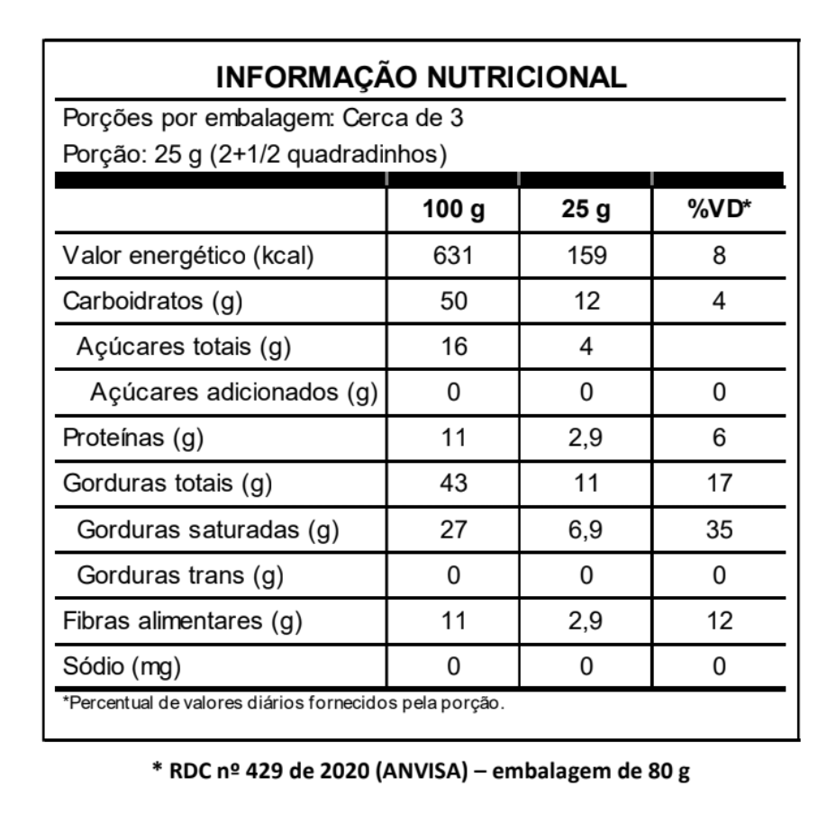 Tabela nutricional e ingredientes do chocolate 75% com tâmara Maré