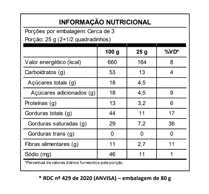 Tabela nutricional e ingredientes do chocolate 81% com açúcar de coco Maré