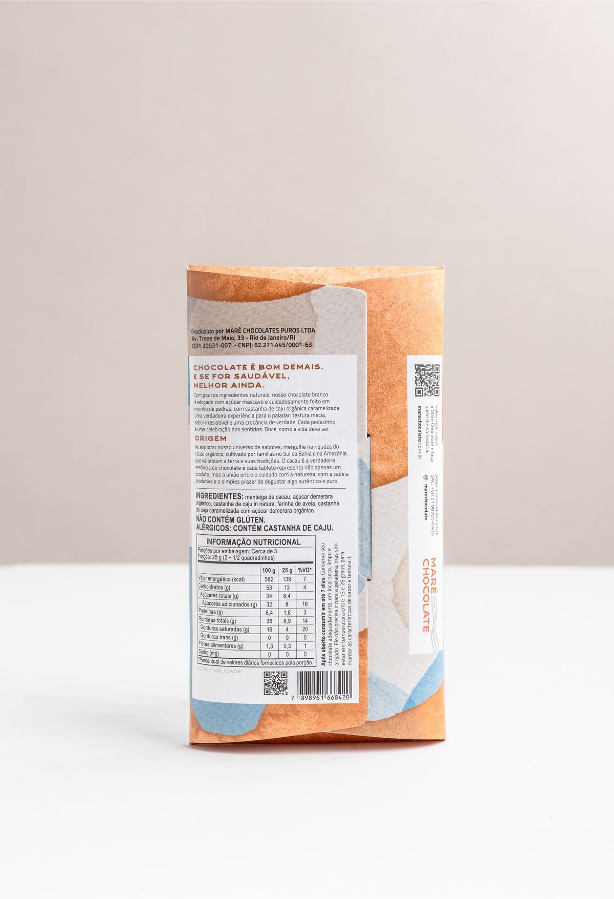 Chocolate branco ao leite de aveia com castanha caramelizada Maré, 80g