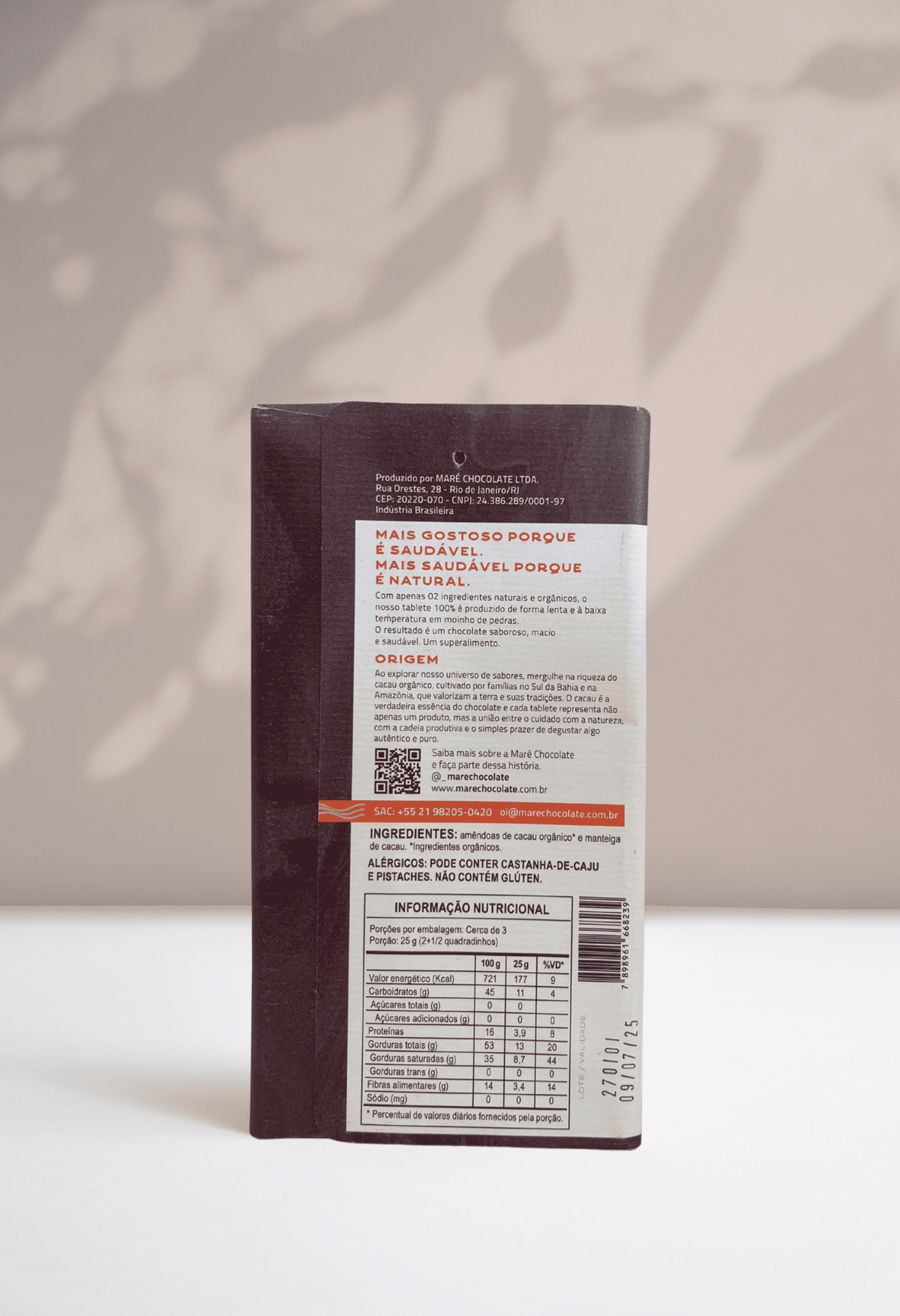Barra de chocolate 100% cacau Maré, sem açúcar
