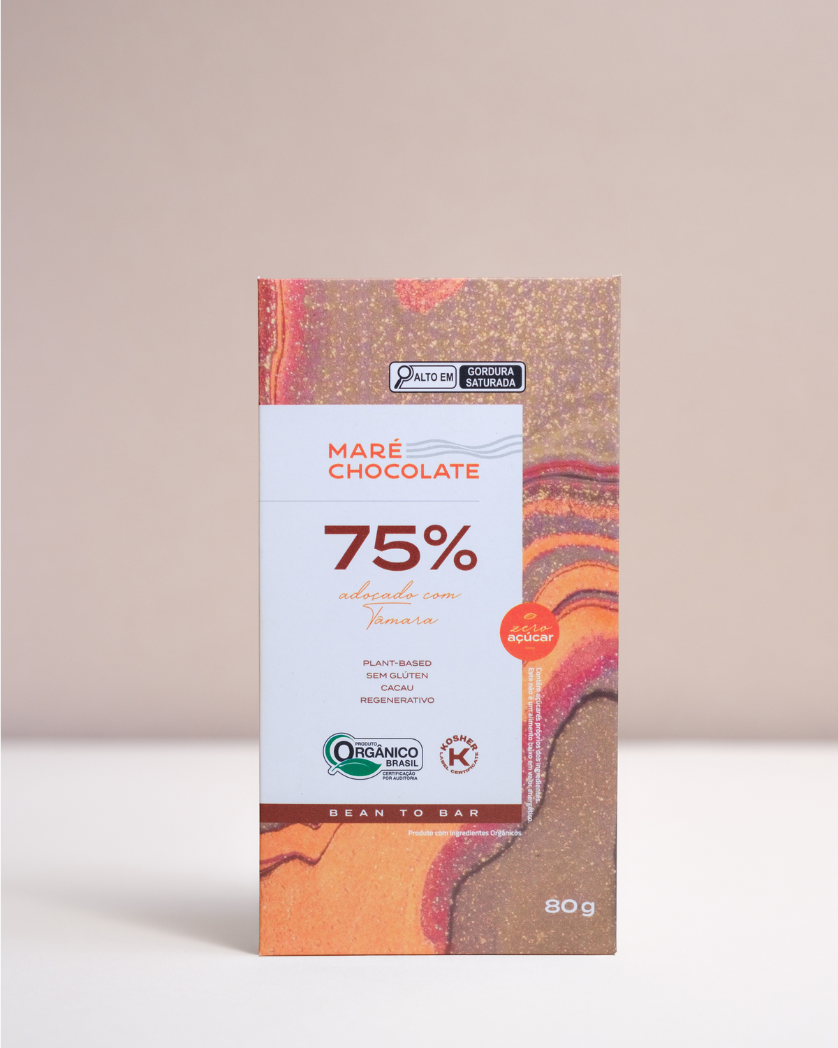 Barra de chocolate orgânico 75% sem açúcar, adoçado com tâmara, Maré 80g