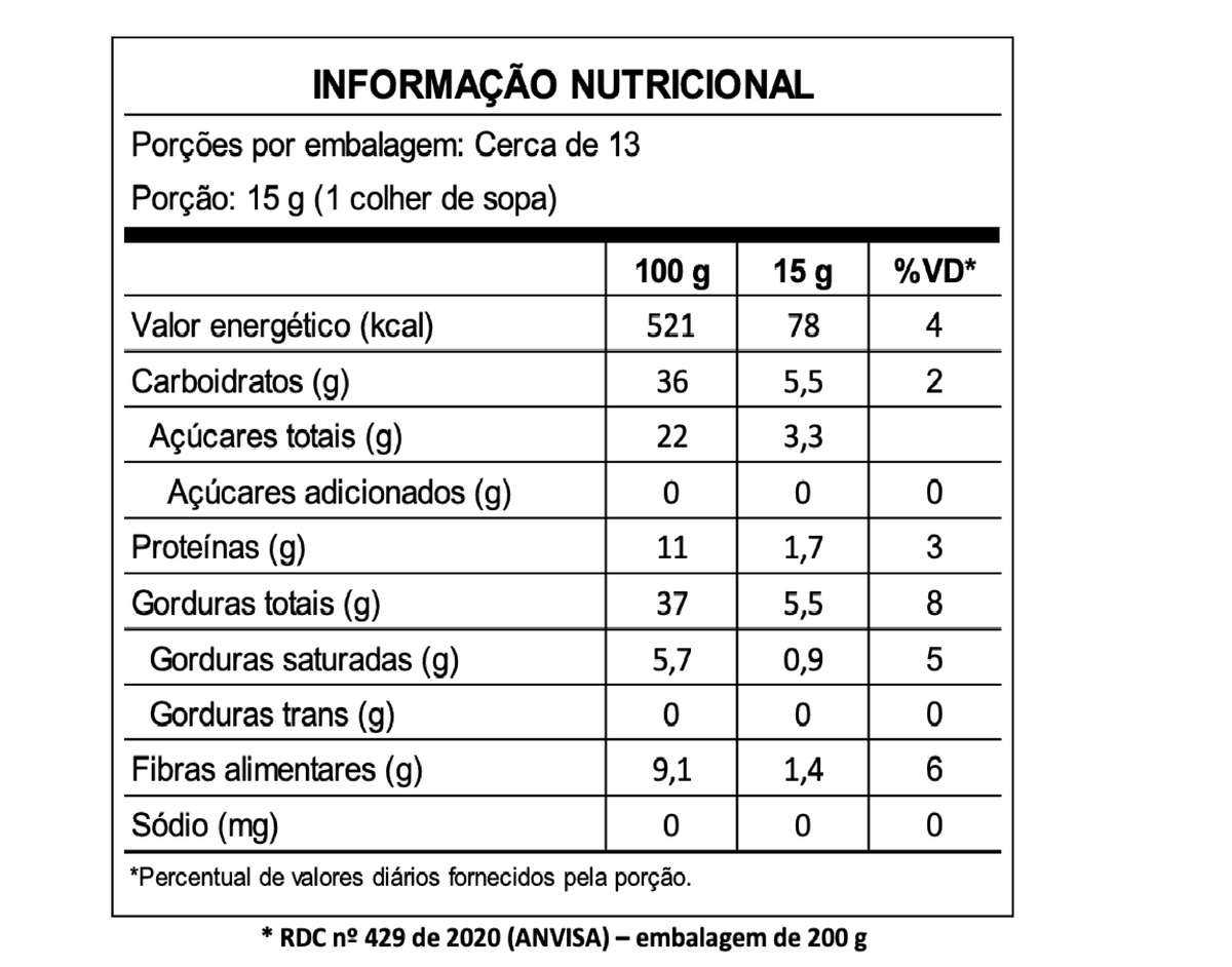 Tabela nutricional da pasta creme de avelã adoçado com tâmara Maré